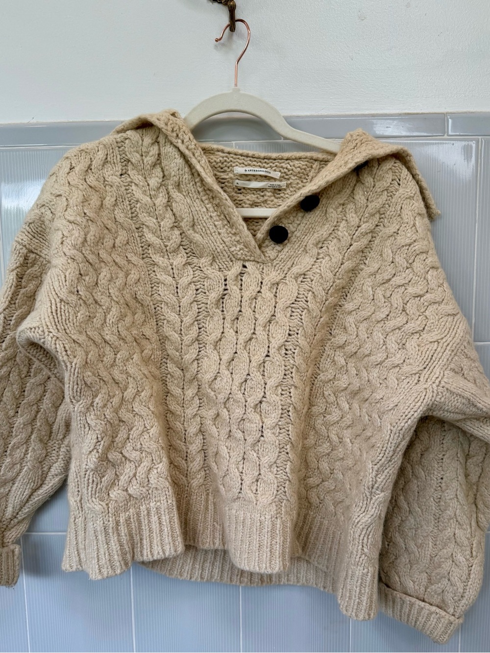 Anthropologie Cream Cable-Knit Hooded Turtleneck Sweater